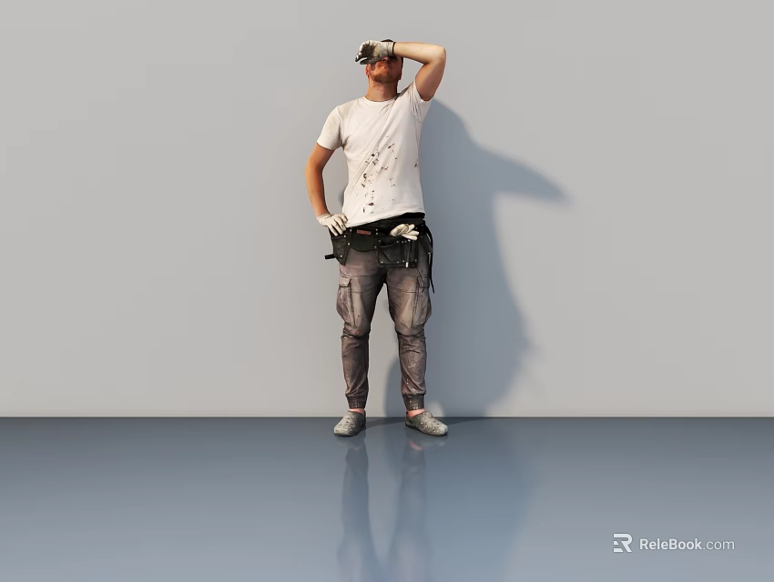 Man In White T-Shirt And Work Pants With Tool Belt Standing Against Gray Background 3d model 