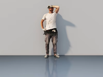 Man In White T-Shirt And Work Pants With Tool Belt Standing Against Gray Background 3d model