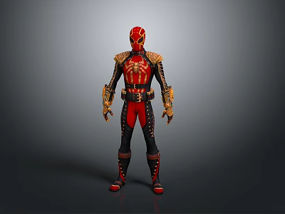 Futuristic Superhero Character In Red And Black Armored Suit With Gold Accents 3d model