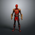 Futuristic Superhero Character In Red And Black Armored Suit With Gold Accents