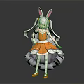 Anime Style Girl Character With Rabbit Ears In Orange Dress And White Hair