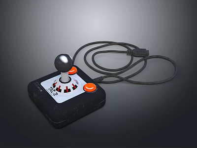 Classic Wired Computer Joystick with Black Base White Panel Silver Ball Top and Orange Buttons 3d model