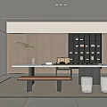 Modern Tea Room With Long Table Wooden Bench Wooden Walls Tea Shelf Vase Bright Lighting