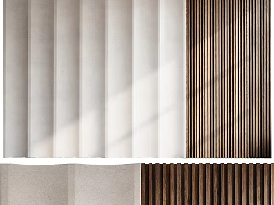 Modern Elegant Background Wall Design With Wooden Slats And Beige Textured Panels 3d model