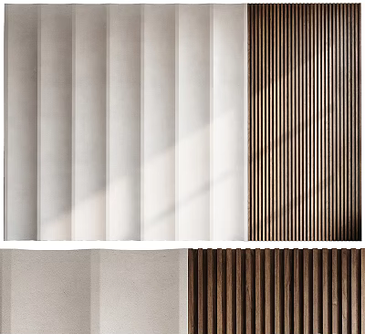 Modern Elegant Background Wall Design With Wooden Slats And Beige Textured Panels 3d model