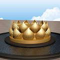 Golden Lotus Shaped Garden Ornament in Circular Water Basin with Blue Sky