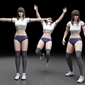 Women in white short-sleeve purple underwear black thigh-high socks white sneakers with standing jumping poses