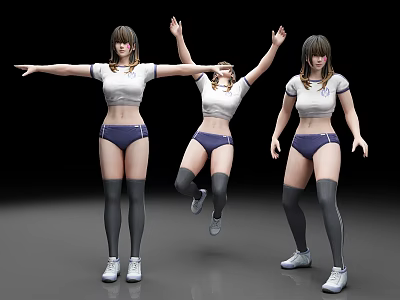 Women in white short-sleeve purple underwear black thigh-high socks white sneakers with standing jumping poses 3d model