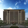 Modern Multistory Residential Building With Greenery Trees Entrance Pathways And Balconies