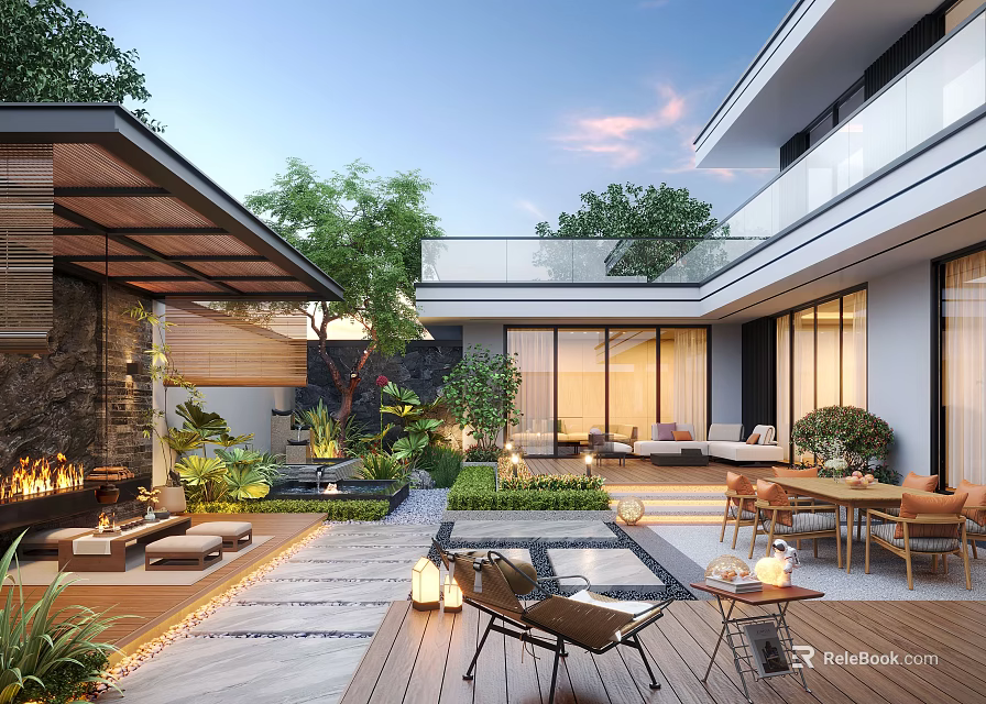 Modern Open Garden Outdoor Design With Patio Furniture Green Plants Water Features And Wooden Deck 3d model 