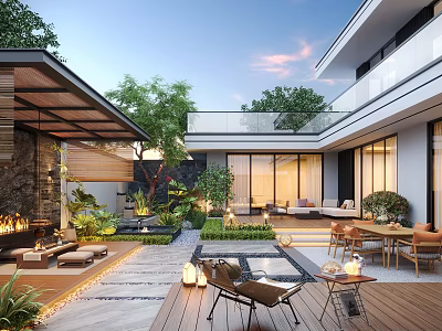 Modern Open Garden Outdoor Design With Patio Furniture Green Plants Water Features And Wooden Deck 3d model