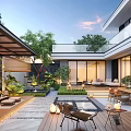 Modern Open Garden Outdoor Design With Patio Furniture Green Plants Water Features And Wooden Deck