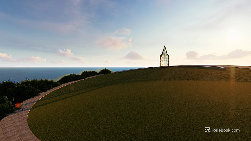 Scenic Green Grassland With Tall Spire Structure Overlooking Sea Under Blue Sky With Clouds 3d model 