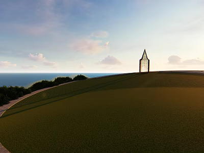 Scenic Green Grassland With Tall Spire Structure Overlooking Sea Under Blue Sky With Clouds 3d model