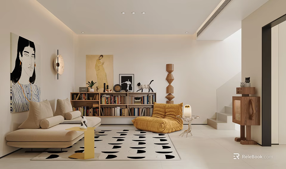 Warm Neutral Toned Living Room Interior With Comfortable Sofas Large Bookshelf And Tasteful Art Decorations 3d model 