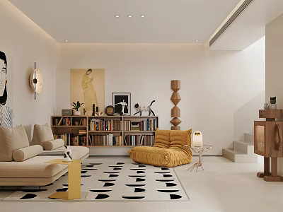 Warm Neutral Toned Living Room Interior With Comfortable Sofas Large Bookshelf And Tasteful Art Decorations 3d model