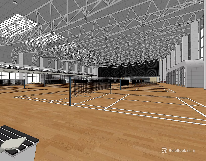 Indoor Badminton Sports Facility With Multiple Courts Wooden Flooring And High Ceiling 3d model 