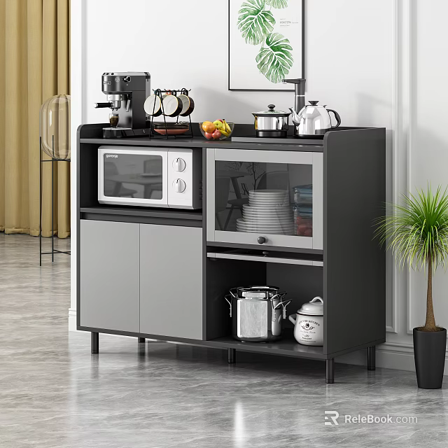Modern Black Grey Sideboard With Microwave Coffee Machine Teapot Fruits And Glass Door Cabinet 3d model 