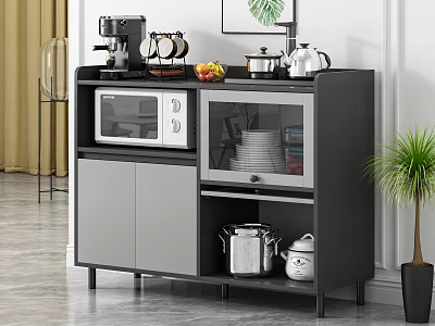 Modern Black Grey Sideboard With Microwave Coffee Machine Teapot Fruits And Glass Door Cabinet 3d model
