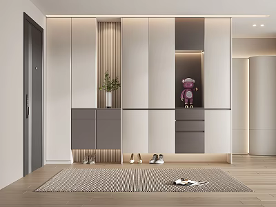 Modern Shoe Cabinet With White Gray Open Shelf Purple Teddy Bear Shoes And Decorative Plant 3d model