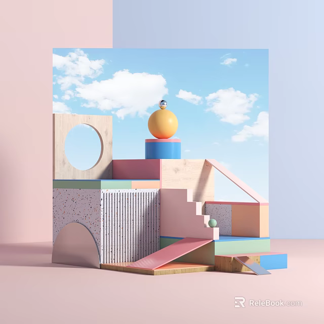 Colorful Geometric Building Blocks Structure With Yellow Sphere And Blue Sky Background 3d model 