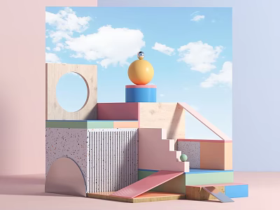 Colorful Geometric Building Blocks Structure With Yellow Sphere And Blue Sky Background 3d model