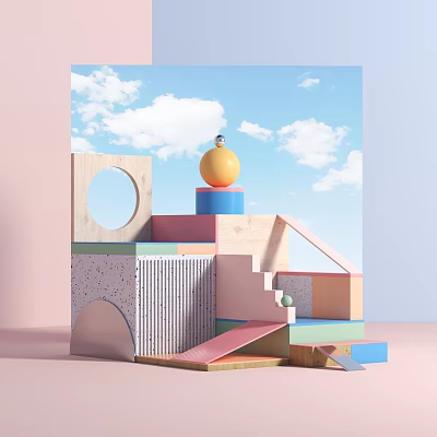 Colorful Geometric Building Blocks Structure With Yellow Sphere And Blue Sky Background 3d model
