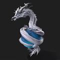 White Flying Dragon Coiled Around Blue Orb With Horns And Whiskers