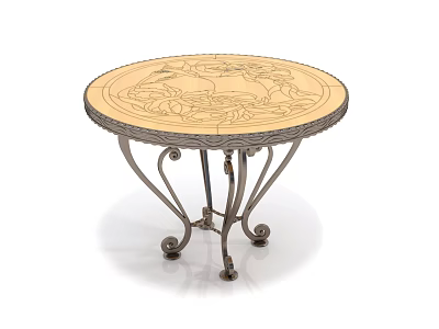 Round Coffee Table With Carved Wooden Top And Curved Metal Legs 3d model
