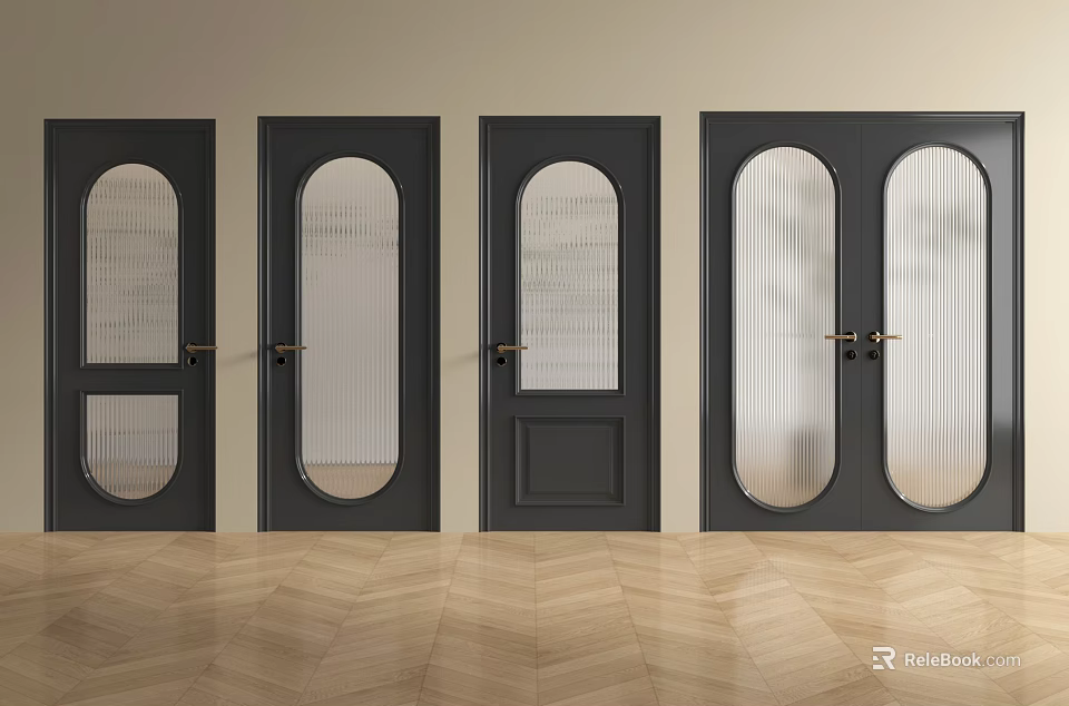 Dark Colored Swing Doors With Various Designs And Glass Panels On Wooden Floor 3d model 
