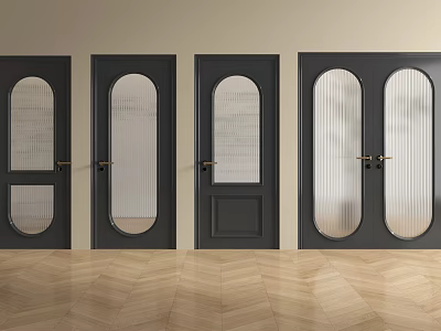Dark Colored Swing Doors With Various Designs And Glass Panels On Wooden Floor 3d model