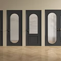 Dark Colored Swing Doors With Various Designs And Glass Panels On Wooden Floor