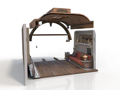 Mini Cabin Interior With Arched Wooden Roof Wooden Floor Red Sofa And Shelves 3d model