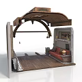 Mini Cabin Interior With Arched Wooden Roof Wooden Floor Red Sofa And Shelves