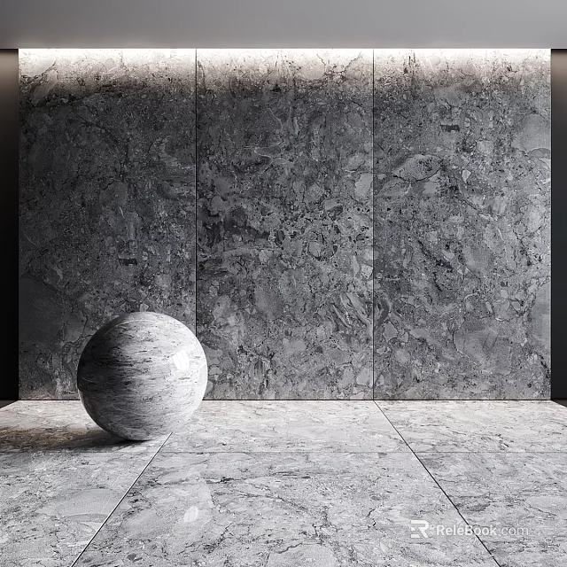 Modern Grey Marble Sphere Component On Textured Wall And Smooth Floor 3d model