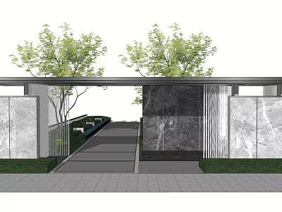Modern Entrance Gate Design With Marble Walls Metal Frame And Green Trees 3d model