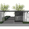 Modern Entrance Gate Design With Marble Walls Metal Frame And Green Trees