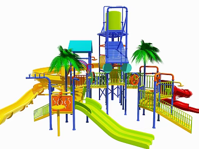 Colorful Playground Amusement Equipment With Yellow Green Red Slides Blue Tower And Palm Trees 3d model