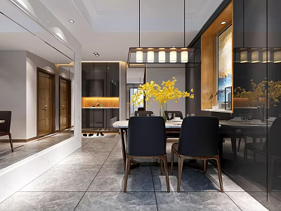 Modern Restaurant Interior With Dining Table Chairs Pendant Lights And Yellow Flowers 3d model