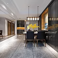 Modern Restaurant Interior With Dining Table Chairs Pendant Lights And Yellow Flowers
