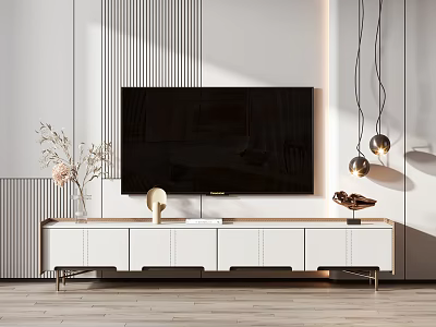 Modern White TV Stand with TV Decorative Items and Striped Wall 3d model