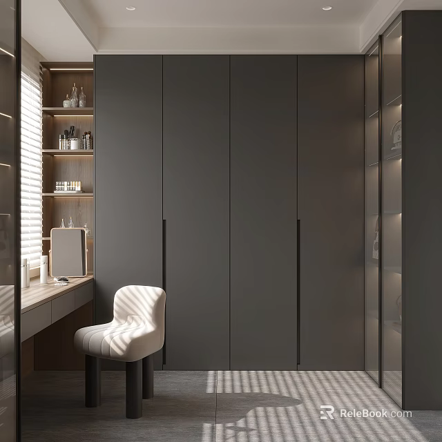 Modern Closet Interior With Gray Wardrobes Dressing Table And Chair 3d model