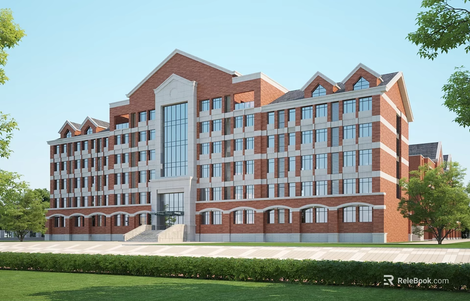 Red Brick Classical Style Multi Story Building With Large Windows And Front Lawn 3d model