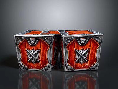 Two Ornate Decorative Chests With Red Panels Silver Frames And Emblem Design 3d model