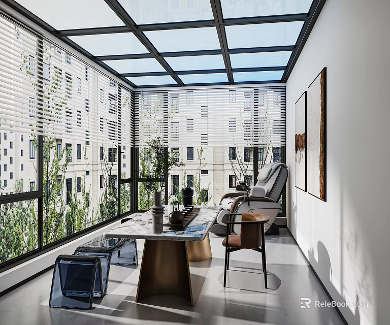 Modern Villa Balcony Design With Glass Roof Blinds Plants And Table Chairs 3d model 