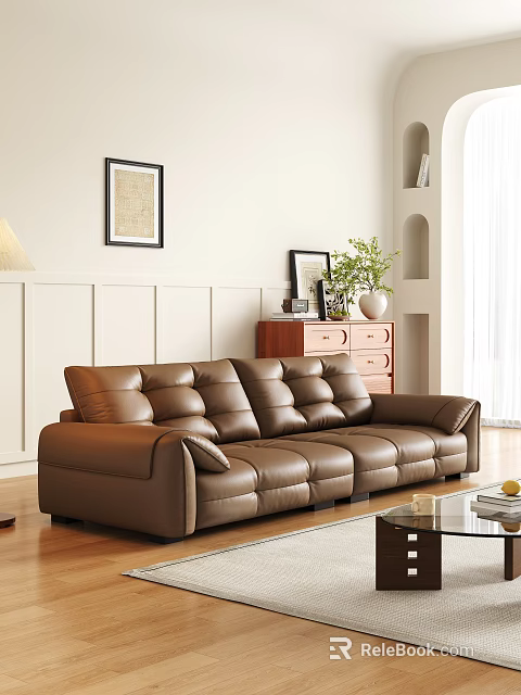 Brown Leather Double Sofa in Modern Living Room with Wooden Floor and Decorative Elements 3d model 