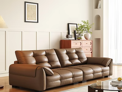 Brown Leather Double Sofa in Modern Living Room with Wooden Floor and Decorative Elements 3d model