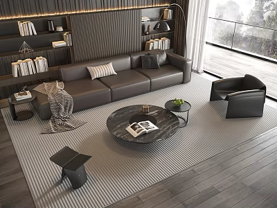 Modern Sofa and Coffee Table Set with Dark Brown Cushions Marble Top Magazine Small Plant 3d model