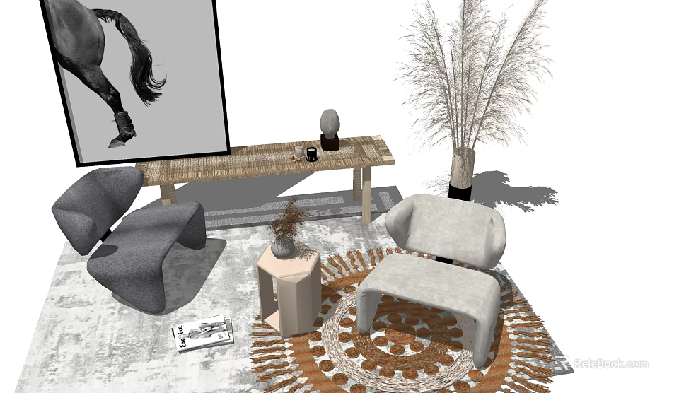 Stylish Table and Chair Set with Gray Beige Chairs Long Table Pampas Grass and Rug 3d model 