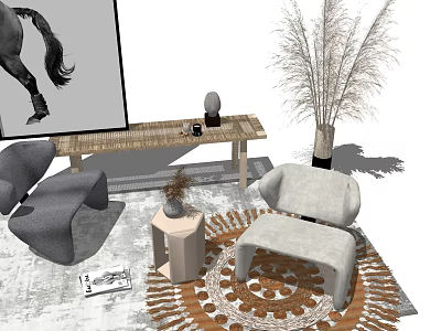 Stylish Table and Chair Set with Gray Beige Chairs Long Table Pampas Grass and Rug 3d model